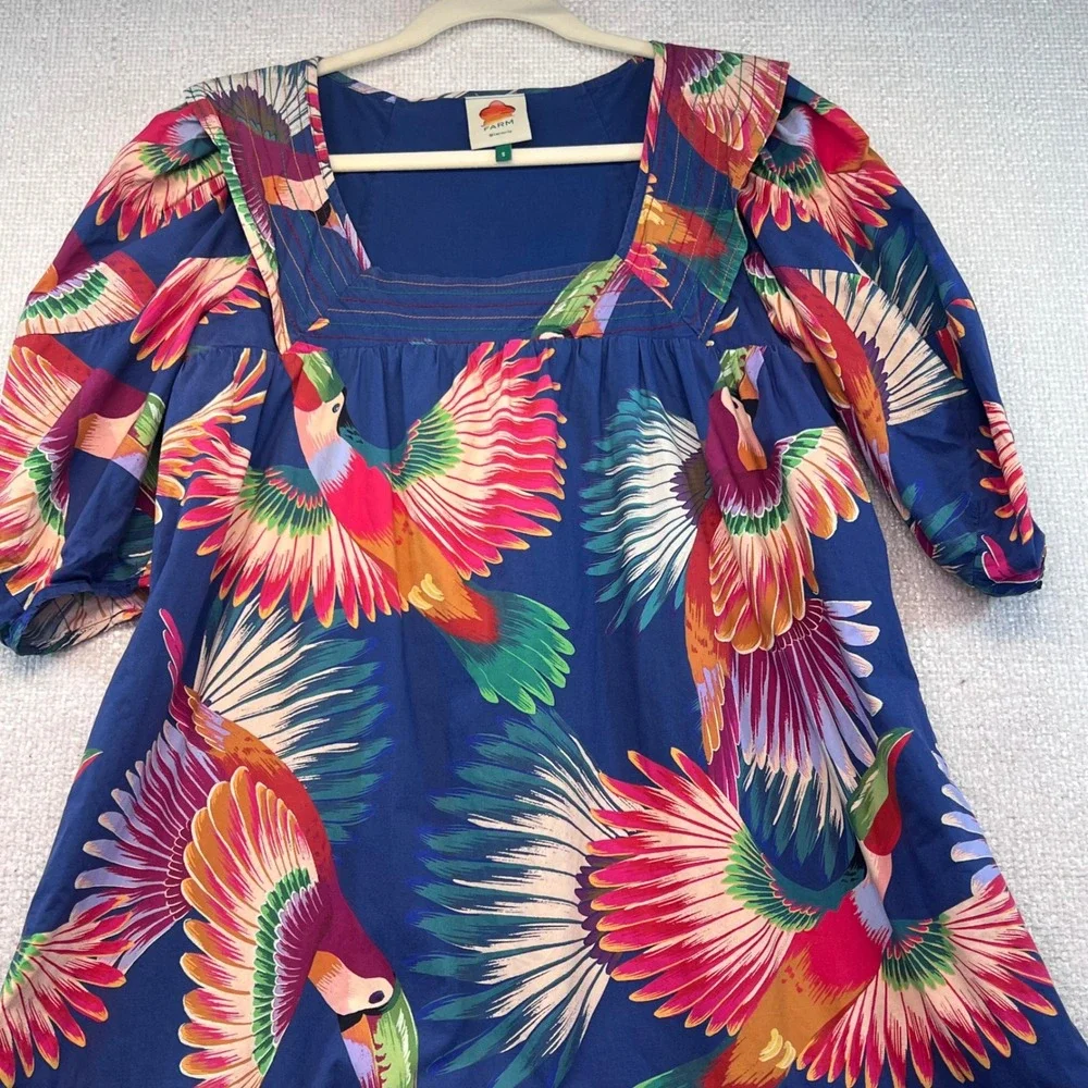 FARM Rio Parrot Print Dress Puff Sleeve Tiered Hem Tropical‎ Multicolor Small - Picture 3 of 13
